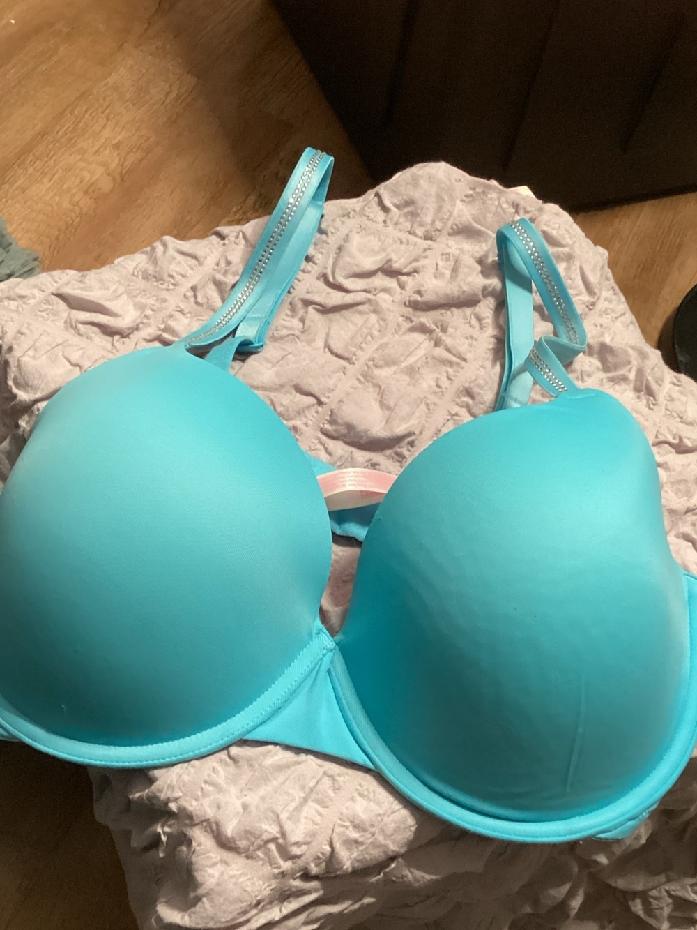 Pink by VS - Blue Padded T-Shirt Bra w/dbl row rhinestone straps 36DD